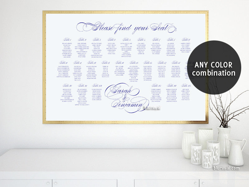 Custom printable seating chart featuring calligraphy headings Any co blursbyai