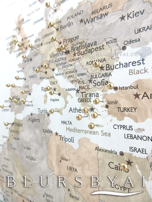 Custom watercolor world map with cities, canvas print or push pin map in neutrals. "Abey"