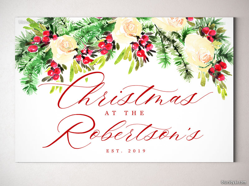 Custom family name canvas print, "Christmas at home" with watercolor bouquet of roses and red berries