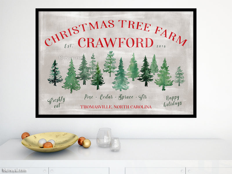 Custom family name art print - Rustic Christmas tree farm print with custom family name
