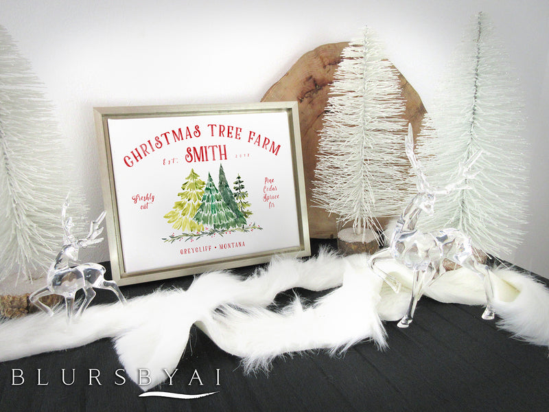Custom family name canvas print, "Christmas tree farm" with watercolor trees