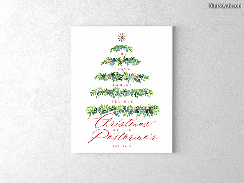 Custom family name canvas print, "watercolor greenery Christmas tree"