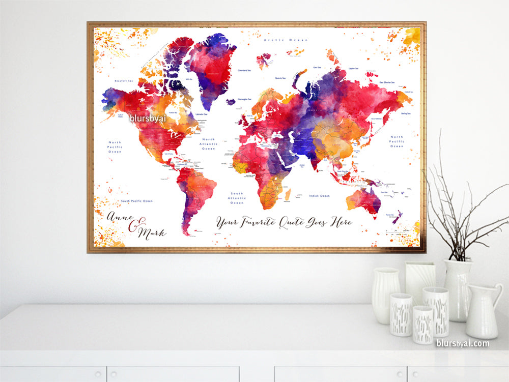 Custom map print: world map with countries and states in colorful wate ...