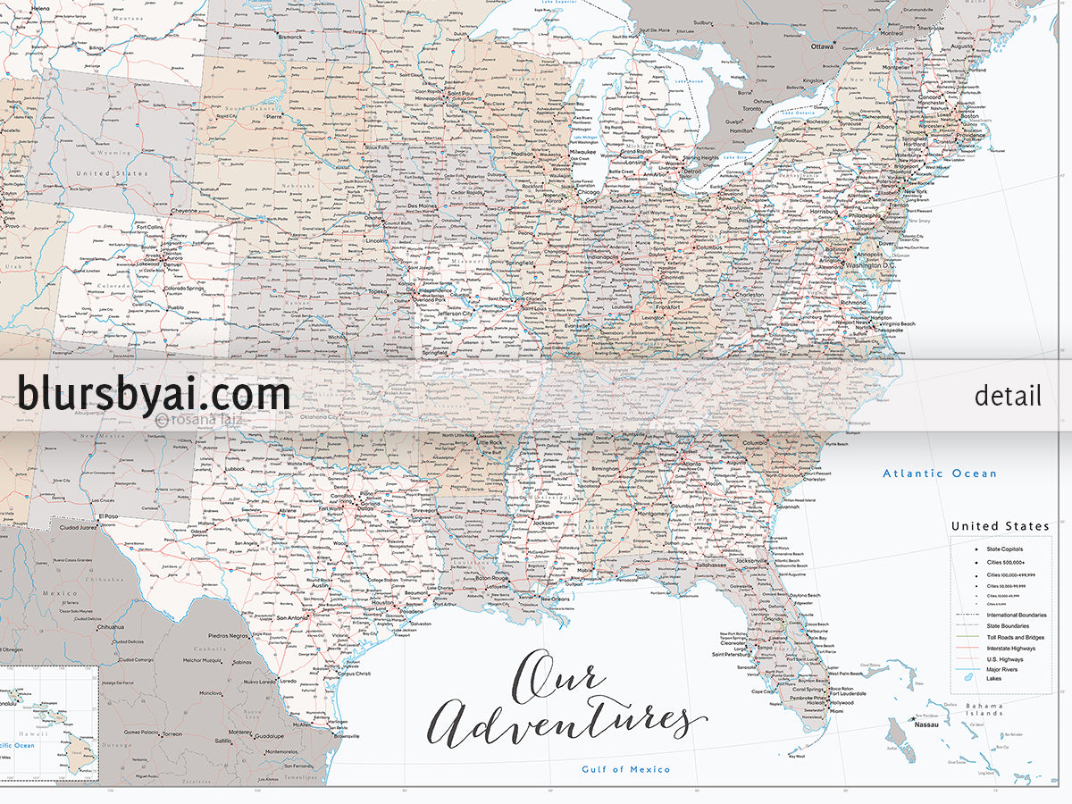 Our adventures, large and detailed USA map print, "Lincoln"