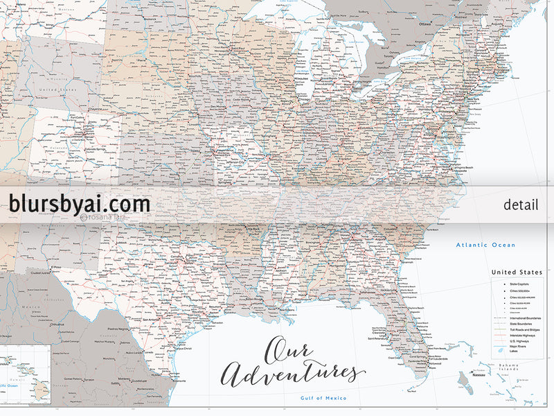 Our adventures, large and detailed USA map print, "Lincoln"