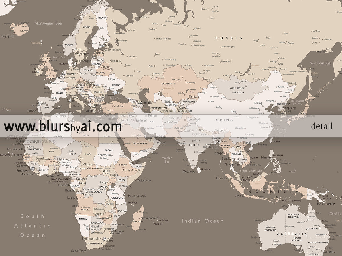 Custom print: world map with cities in brown and cream. "Earth tones"