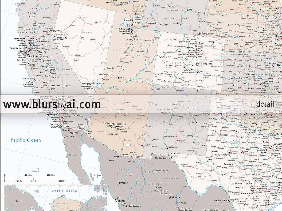 Custom US map print: highly detailed map of the US with roads. "Lincoln"