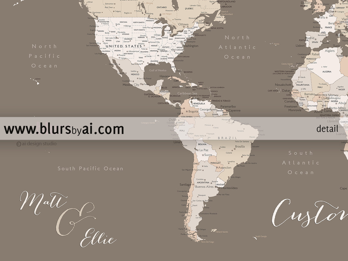 Custom print: world map with cities in brown and cream. "Earth tones"