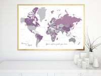 Custom world map print - highly detailed map with cities in purple and gray. "Aubergine"