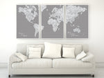 Multi panel, custom highly detailed world map print - Grunge grayscale world map with cities. "Valentina"