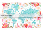 Aquamarine watercolor floral world map canvas print or push pin map. "Tropical floralscape"
