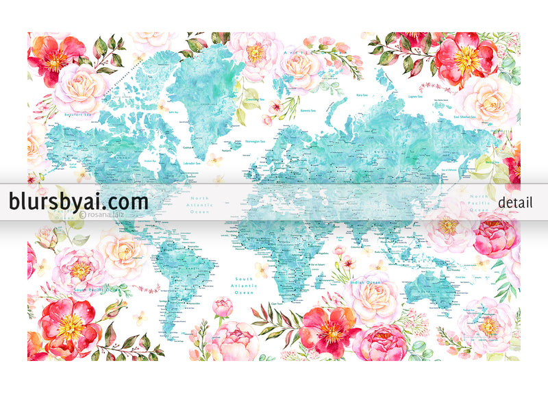 Aquamarine watercolor floral world map canvas print or push pin map. "Tropical floralscape"