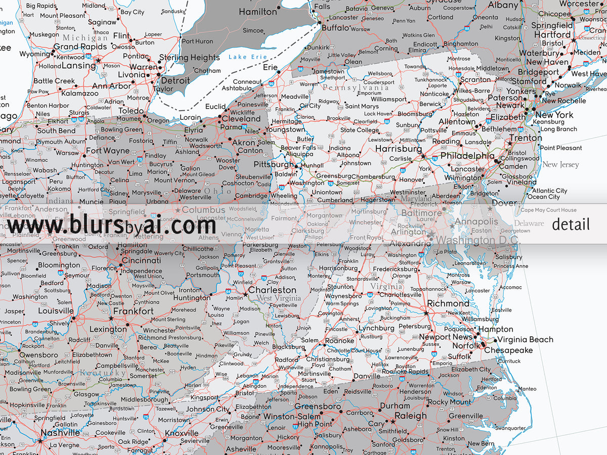 Custom US map print: highly detailed map of the US with roads. "Brennan"