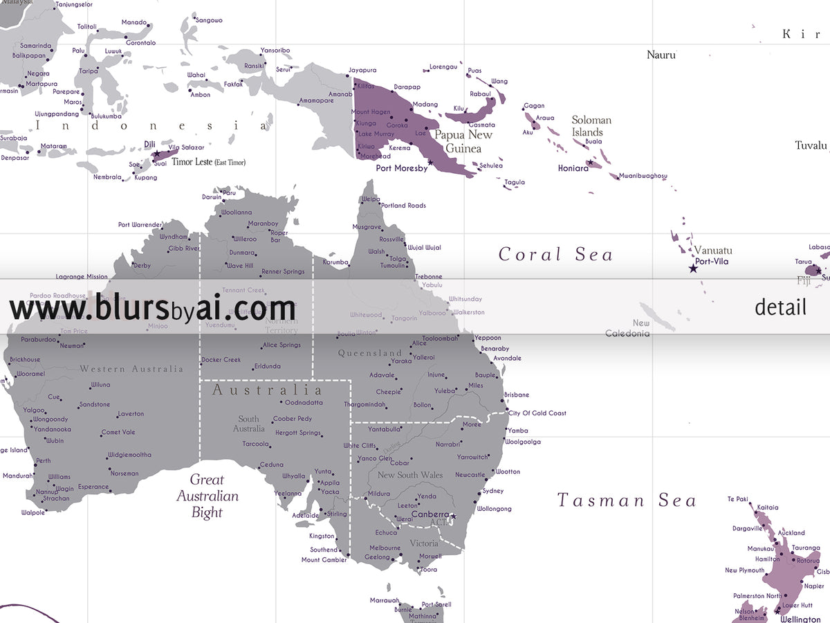 Custom world map print - highly detailed map with cities in purple and gray. "Aubergine"