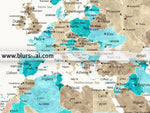 Custom quote printable world map with cities, capitals, countries, US States... labeled. Color combination: Kian