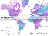 Custom print: world map with cities in bright blue, purple and teal watercolor. "Violetta"