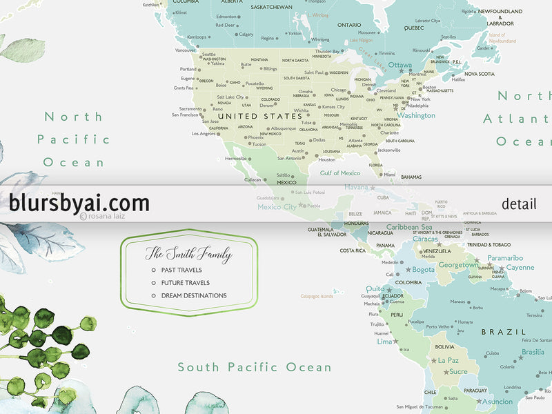 Custom print: world map with cities in green and blue, with watercolor florals and greenery