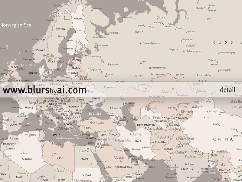Custom quote - Printable world map with cities, capitals, countries, US States... labeled. Color combination: Mathilde