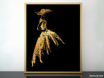 Printable fashion sketch of a vintage style dress in gold foil effect and black