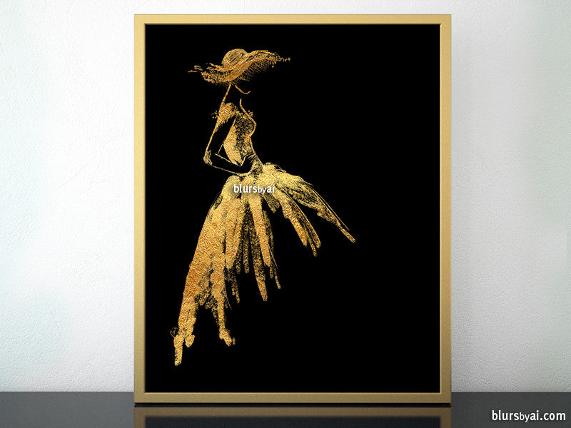 Printable fashion sketch of a vintage style dress in gold foil effect and black