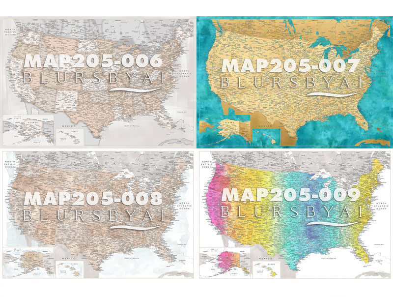 Custom US map rolled canvas print. ALL COLOR CHOICES.