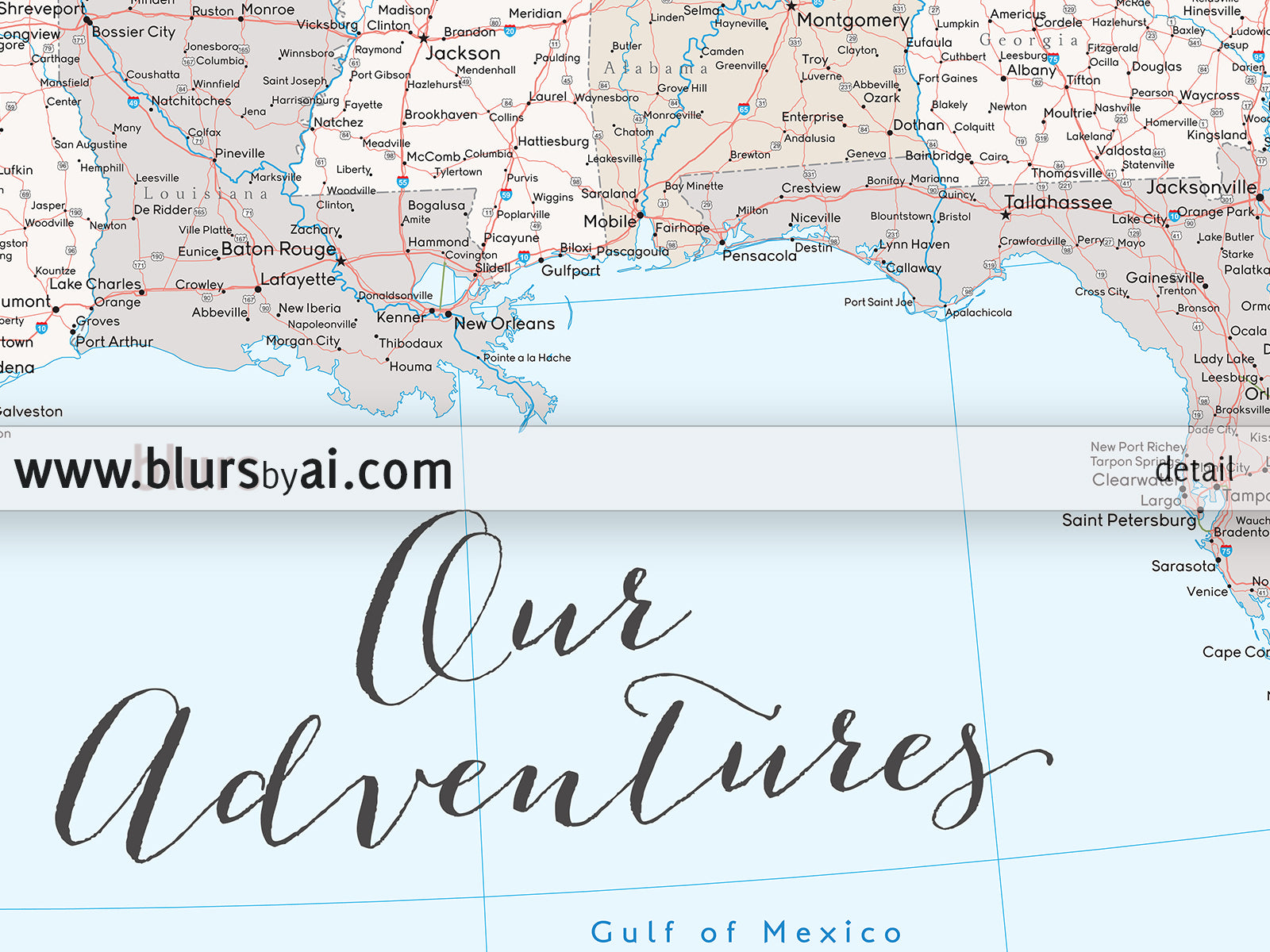 Custom US map print: highly detailed map of the US with roads.