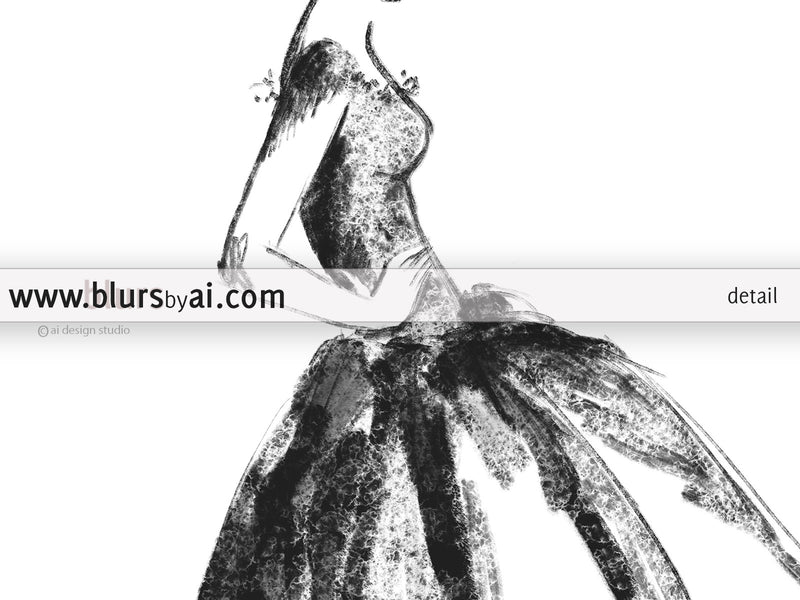 Printable fashion sketch of a vintage style dress in black and white