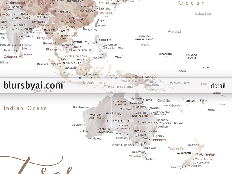 Custom watercolor world map with cities, canvas print or push pin map. "Abey "