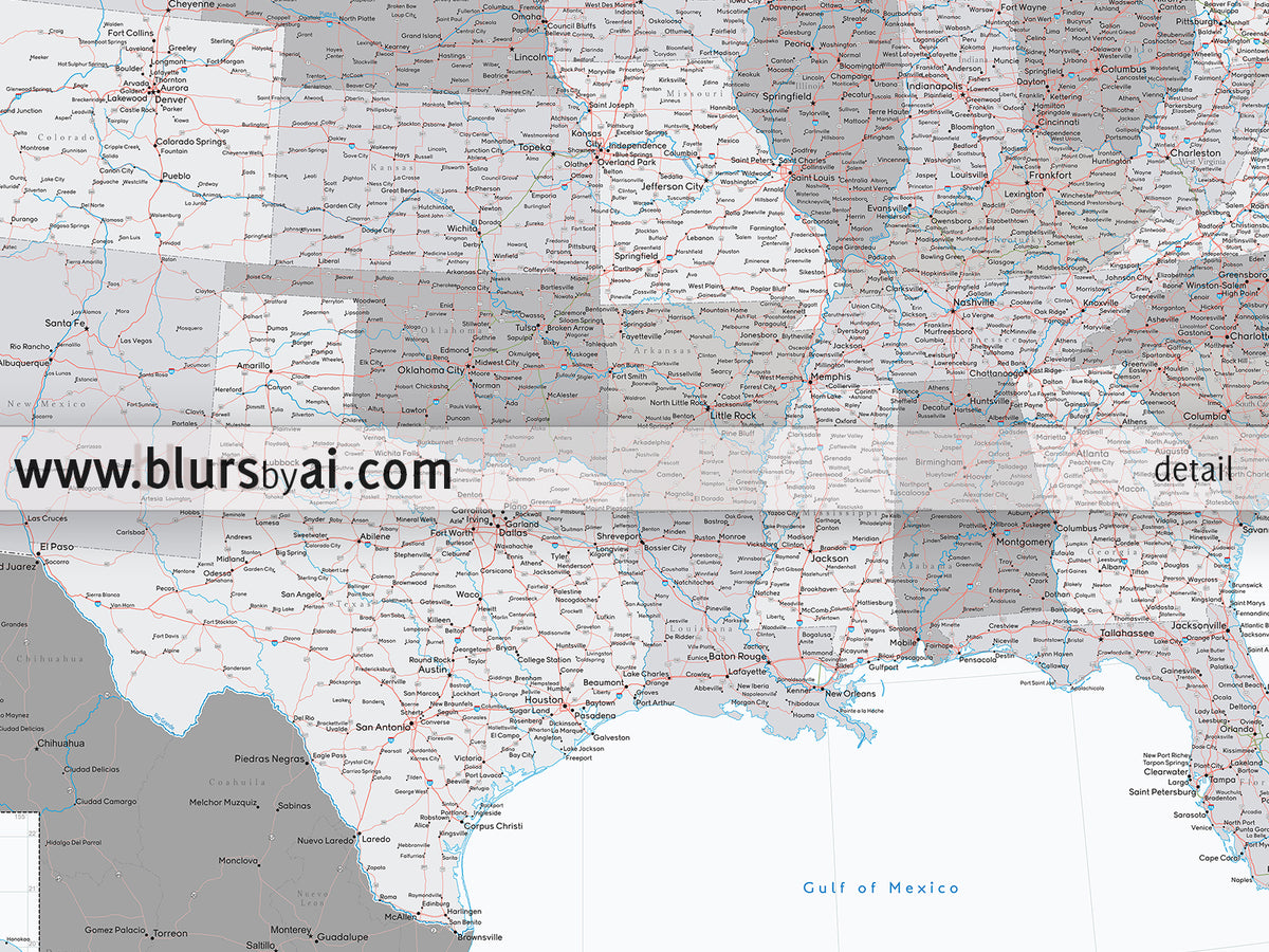 Custom US map print: highly detailed map of the US with roads. "Brennan"