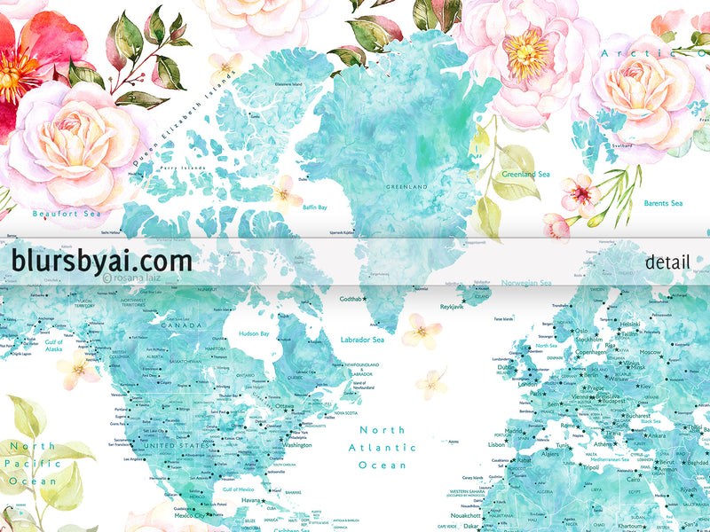 Aquamarine watercolor world map art print with floral bouquets. "Tropical floralscape"