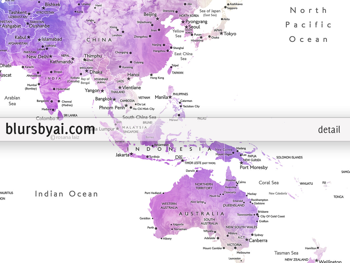 Custom print: world map with cities in bright blue, purple and teal watercolor. "Violetta"