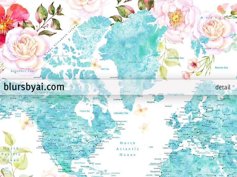 Aquamarine watercolor floral world map canvas print or push pin map. "Tropical floralscape"