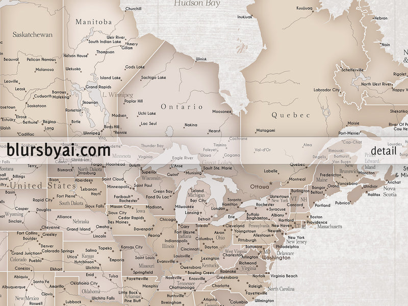 Custom large & highly detailed, rustic world map canvas print or push pin map. "Lucille"