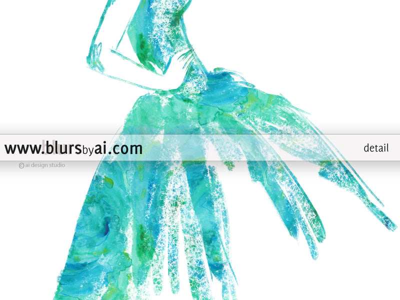 Printable fashion sketch of a vintage style dress in aquamarine watercolor