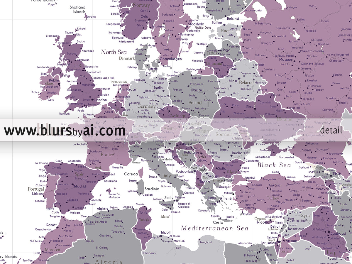 Custom world map print - highly detailed map with cities in purple and gray. "Aubergine"