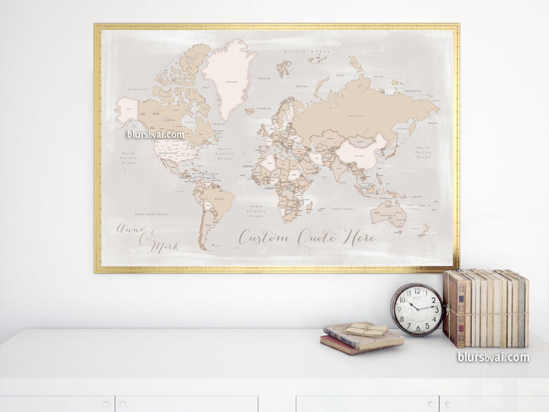 Custom print: rustic world map with countries and states in distressed neutrals. "Lucille"
