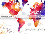 Custom map print: world map with countries and states in colorful watercolor. "Noor"