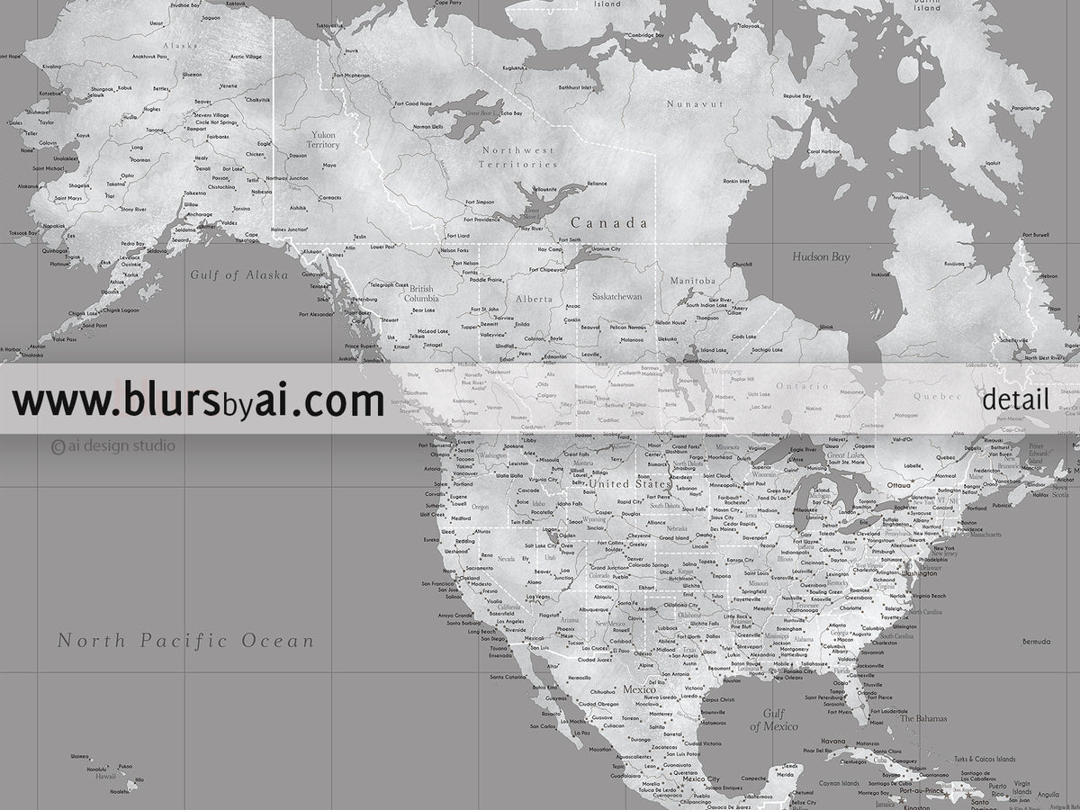 Multi panel, custom highly detailed world map print - Grunge grayscale world map with cities. "Valentina"