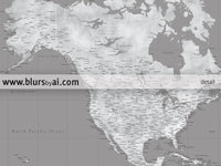 Multi panel, custom highly detailed world map print - Grunge grayscale world map with cities. "Valentina"