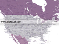 Custom world map print - highly detailed map with cities in purple and gray. "Aubergine"