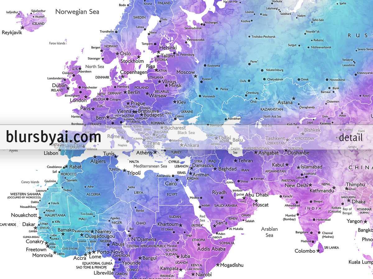 Custom print: world map with cities in bright blue, purple and teal watercolor. "Violetta"