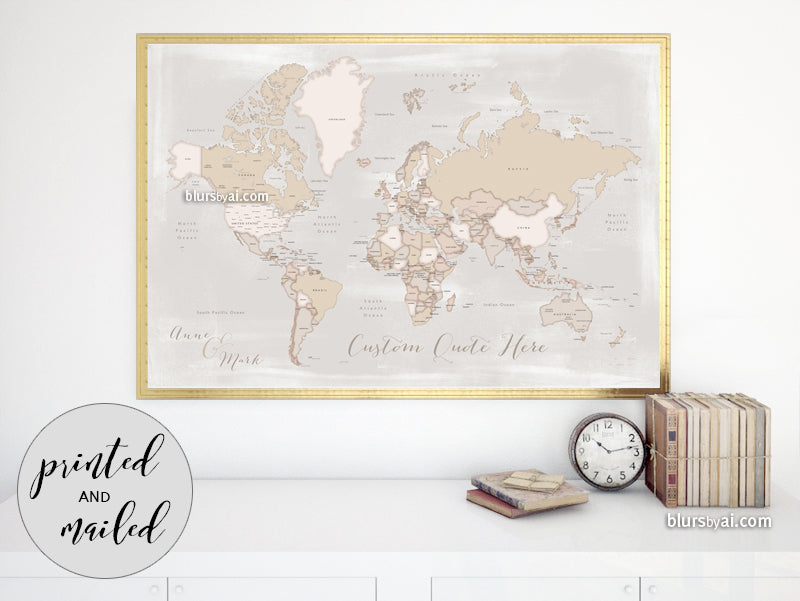Custom print: rustic world map with countries and states in distressed neutrals. "Lucille"