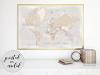 Custom print: rustic world map with countries and states in distressed neutrals. "Lucille"