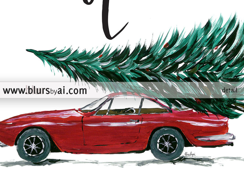 Cut your own Christmas tree printable sign featuring a red car carrying a Christmas tree