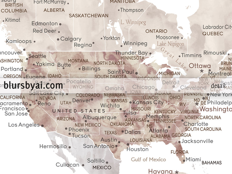 Custom print: world map with cities in neutral watercolor. "Abey"