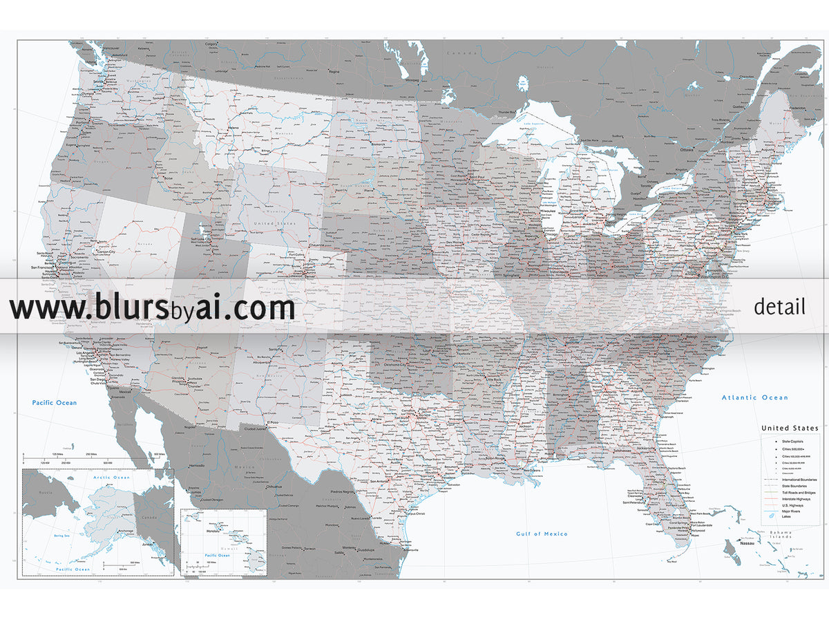 Custom US map print: highly detailed map of the US with roads. "Brennan"