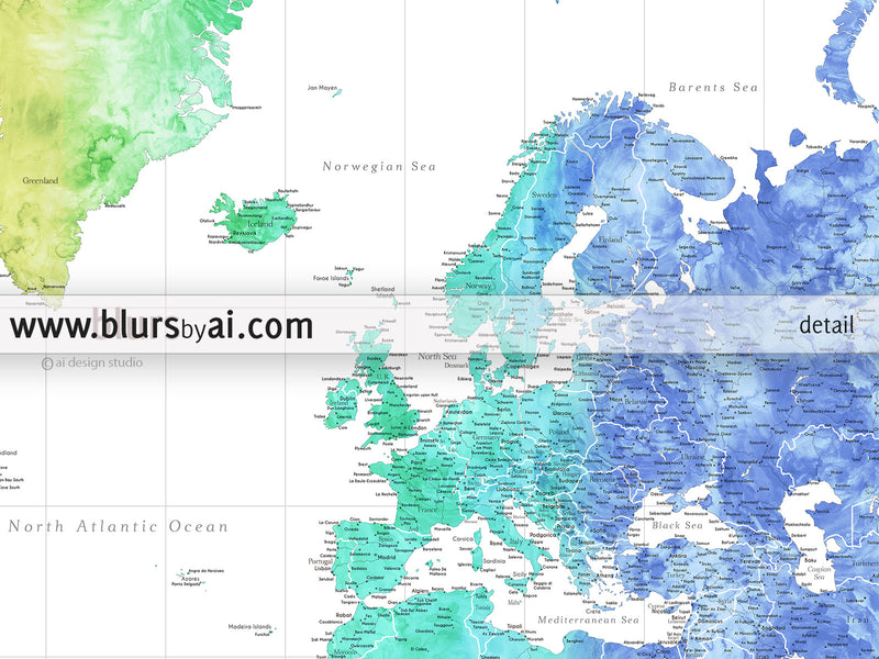 Multi panel, custom highly detailed world map print - Colorful watercolor world map with cities. "Maxwell"