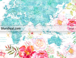 Aquamarine watercolor floral world map canvas print or push pin map. "Tropical floralscape"