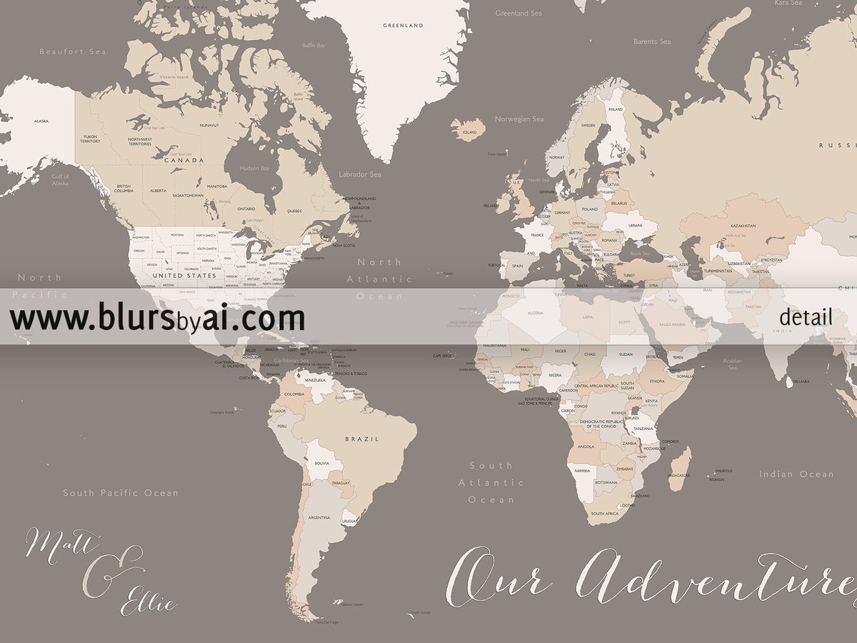 Custom map print: world map with countries and states in brown and cream. "Earth tones"