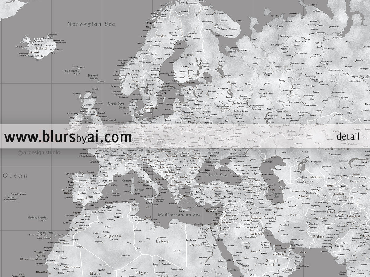 Multi panel, custom highly detailed world map print - Grunge grayscale world map with cities. "Valentina"